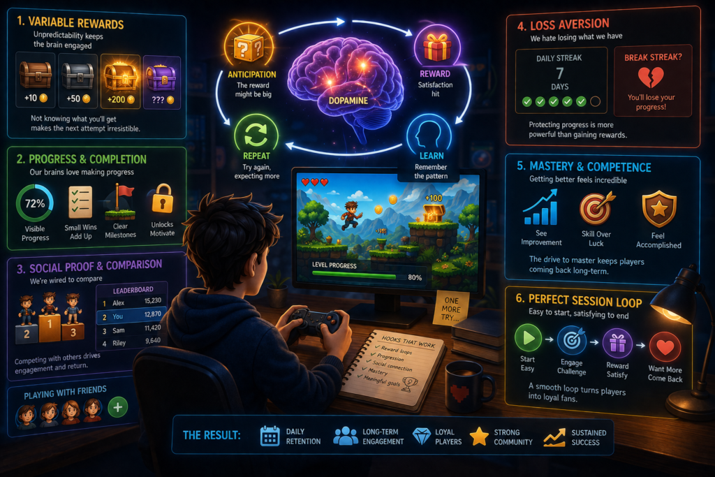 Ask someone why they can't put a game down, and they'll usually point to the game itself, the graphics, the story, the characters. Ask a behavioral psychologist the same question, and they'll point somewhere else entirely: the reward structure underneath all of it. The games that hook people hardest tend to share the same psychological mechanics, regardless of genre, art style, or platform. Understanding these mechanics isn't just academically interesting. It's the difference between building a game people try once and one they can't stop opening. Variable Rewards Are the Foundation Why Unpredictability Beats Consistency If a game rewarded players the exact same amount every single time, engagement would flatten out fast. The brain responds far more strongly to unpredictable rewards than to consistent ones. This is the same mechanism that makes slot machines compelling, not because the payout is large, but because the timing and size of the payout is never quite certain. Games that build in variability, slightly different rewards for similar actions, occasional bigger wins mixed into smaller ones, tap into this response naturally. It's not manipulation by itself. It's simply how attention and motivation work at a neurological level. Near Misses Keep People Engaged A loss that feels close to a win produces a stronger urge to try again than a loss that feels far off. This is why games that occasionally put players one step away from success, rather than failing them outright, tend to generate more replay attempts than games with flat, predictable outcomes. The Pull of Incremental Progress Visible Progress Bars Create Momentum Something as simple as a progress bar nearing completion creates a psychological pull to finish it. Stopping right before a visible milestone feels worse than stopping at a random point, which is exactly why so many games place small, visible goals just within reach at almost every moment. The Zeigarnik Effect in Practice People remember and feel pulled toward unfinished tasks more than completed ones. A game that ends a session on an unresolved goal, one more level, one more upgrade just out of reach, leverages this tendency directly. That slight discomfort of incompleteness is often what brings a player back sooner than they'd planned. Social Proof and Comparison Leaderboards Tap Into Status Motivation Humans are wired to care about relative standing, not just absolute performance. A leaderboard turns a personal activity into a social one, and the desire to move up even a single rank can be more motivating than the underlying mechanic itself. Games like Royal Showdown use this directly, the competitive framing gives players a reason to keep playing that goes beyond the base mechanic, driven by wanting to beat a specific opponent rather than just improve a personal score. Beating a Friend Hits Differently Than Beating a Stranger Competing against someone you know activates a stronger emotional response than an anonymous leaderboard entry. This is part of why multiplayer and friend-comparison features tend to drive far more repeat engagement than solo score-chasing alone. Loss Aversion Is a Powerful Motivator Fear of Losing Progress People are more motivated to avoid losing something they already have than to gain something new of equal value. Games that let players build up a streak, a collection, or a status, then put that accumulated progress at risk, tap into a stronger psychological pull than pure reward systems alone. Why Streaks Work A daily streak feels valuable not because of what it directly unlocks, but because breaking it feels like a loss. This asymmetry, protecting what you have feeling more urgent than acquiring something new, is one of the most reliable psychological levers in game design. Mastery and Competence The Satisfaction of Getting Better Beyond external rewards, there's a deep, internal satisfaction in noticing your own skill improve. Games that give players a clear, visible sense of increasing competence, faster reaction times, higher scores through actual skill rather than luck, tap into intrinsic motivation that doesn't depend on external rewards at all. Difficulty That Matches Growing Skill If challenge scales too slowly, competence stops feeling meaningful. If it scales too quickly, frustration replaces satisfaction. Getting this balance right is what keeps the sense of mastery feeling earned rather than either trivial or impossible. Designing Responsibly With These Principles Understanding psychological hooks doesn't mean every design choice should exploit them without regard for player wellbeing. There's a real difference between building a game that's satisfying because the core loop is genuinely well-crafted, and building one that manipulates anxiety or compulsive behavior purely to maximize time spent. The strongest, most enduring games tend to lean on the healthier end of this spectrum: variable rewards tied to genuine skill, progress that reflects real improvement, social comparison that feels fun rather than stressful. The manipulative end of these techniques might spike short-term engagement, but it tends to produce resentment and churn once players notice how the game is designed to make them feel. How This Plays Out in Practical Game Design Building Feedback Loops That Feel Good Every action should have a response, visually, audibly, or through some form of progress, so players always understand what just happened. This isn't manipulation, it's simply clear communication that happens to also feel satisfying. Testing Reward Timing Small adjustments to how often and how much a game rewards players can dramatically change how engaging it feels, often more than a change to the core mechanic itself. This is part of why fast iteration matters so much in design. Create a game platforms make it realistic to test these adjustments quickly, since tuning reward timing usually takes several rounds of trial and error to get right, not a single guess that happens to land perfectly the first time. Balancing Social Features Carefully Competitive and comparison features drive engagement effectively, but they can also create pressure that pushes some players away entirely if the gap between skill levels feels too wide. Matching players appropriately, or giving multiple ways to feel successful beyond raw rank, keeps social motivation from tipping into discouragement. Final Thoughts The pull of an addictive game rarely comes down to a single feature. It's the layering of several psychological mechanisms, unpredictable rewards, visible progress, social comparison, loss aversion, and genuine mastery, working together consistently across every session. Understanding these principles gives any creator a real advantage, not to manipulate players, but to build systems that genuinely respect how motivation works. The games that keep people coming back for years, rather than days, tend to be the ones that use these psychological levers to create something players actually want to return to, not just something they feel compelled to.