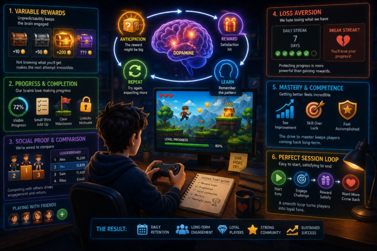 Ask someone why they can't put a game down, and they'll usually point to the game itself, the graphics, the story, the characters. Ask a behavioral psychologist the same question, and they'll point somewhere else entirely: the reward structure underneath all of it. The games that hook people hardest tend to share the same psychological mechanics, regardless of genre, art style, or platform. Understanding these mechanics isn't just academically interesting. It's the difference between building a game people try once and one they can't stop opening. Variable Rewards Are the Foundation Why Unpredictability Beats Consistency If a game rewarded players the exact same amount every single time, engagement would flatten out fast. The brain responds far more strongly to unpredictable rewards than to consistent ones. This is the same mechanism that makes slot machines compelling, not because the payout is large, but because the timing and size of the payout is never quite certain. Games that build in variability, slightly different rewards for similar actions, occasional bigger wins mixed into smaller ones, tap into this response naturally. It's not manipulation by itself. It's simply how attention and motivation work at a neurological level. Near Misses Keep People Engaged A loss that feels close to a win produces a stronger urge to try again than a loss that feels far off. This is why games that occasionally put players one step away from success, rather than failing them outright, tend to generate more replay attempts than games with flat, predictable outcomes. The Pull of Incremental Progress Visible Progress Bars Create Momentum Something as simple as a progress bar nearing completion creates a psychological pull to finish it. Stopping right before a visible milestone feels worse than stopping at a random point, which is exactly why so many games place small, visible goals just within reach at almost every moment. The Zeigarnik Effect in Practice People remember and feel pulled toward unfinished tasks more than completed ones. A game that ends a session on an unresolved goal, one more level, one more upgrade just out of reach, leverages this tendency directly. That slight discomfort of incompleteness is often what brings a player back sooner than they'd planned. Social Proof and Comparison Leaderboards Tap Into Status Motivation Humans are wired to care about relative standing, not just absolute performance. A leaderboard turns a personal activity into a social one, and the desire to move up even a single rank can be more motivating than the underlying mechanic itself. Games like Royal Showdown use this directly, the competitive framing gives players a reason to keep playing that goes beyond the base mechanic, driven by wanting to beat a specific opponent rather than just improve a personal score. Beating a Friend Hits Differently Than Beating a Stranger Competing against someone you know activates a stronger emotional response than an anonymous leaderboard entry. This is part of why multiplayer and friend-comparison features tend to drive far more repeat engagement than solo score-chasing alone. Loss Aversion Is a Powerful Motivator Fear of Losing Progress People are more motivated to avoid losing something they already have than to gain something new of equal value. Games that let players build up a streak, a collection, or a status, then put that accumulated progress at risk, tap into a stronger psychological pull than pure reward systems alone. Why Streaks Work A daily streak feels valuable not because of what it directly unlocks, but because breaking it feels like a loss. This asymmetry, protecting what you have feeling more urgent than acquiring something new, is one of the most reliable psychological levers in game design. Mastery and Competence The Satisfaction of Getting Better Beyond external rewards, there's a deep, internal satisfaction in noticing your own skill improve. Games that give players a clear, visible sense of increasing competence, faster reaction times, higher scores through actual skill rather than luck, tap into intrinsic motivation that doesn't depend on external rewards at all. Difficulty That Matches Growing Skill If challenge scales too slowly, competence stops feeling meaningful. If it scales too quickly, frustration replaces satisfaction. Getting this balance right is what keeps the sense of mastery feeling earned rather than either trivial or impossible. Designing Responsibly With These Principles Understanding psychological hooks doesn't mean every design choice should exploit them without regard for player wellbeing. There's a real difference between building a game that's satisfying because the core loop is genuinely well-crafted, and building one that manipulates anxiety or compulsive behavior purely to maximize time spent. The strongest, most enduring games tend to lean on the healthier end of this spectrum: variable rewards tied to genuine skill, progress that reflects real improvement, social comparison that feels fun rather than stressful. The manipulative end of these techniques might spike short-term engagement, but it tends to produce resentment and churn once players notice how the game is designed to make them feel. How This Plays Out in Practical Game Design Building Feedback Loops That Feel Good Every action should have a response, visually, audibly, or through some form of progress, so players always understand what just happened. This isn't manipulation, it's simply clear communication that happens to also feel satisfying. Testing Reward Timing Small adjustments to how often and how much a game rewards players can dramatically change how engaging it feels, often more than a change to the core mechanic itself. This is part of why fast iteration matters so much in design. Create a game platforms make it realistic to test these adjustments quickly, since tuning reward timing usually takes several rounds of trial and error to get right, not a single guess that happens to land perfectly the first time. Balancing Social Features Carefully Competitive and comparison features drive engagement effectively, but they can also create pressure that pushes some players away entirely if the gap between skill levels feels too wide. Matching players appropriately, or giving multiple ways to feel successful beyond raw rank, keeps social motivation from tipping into discouragement. Final Thoughts The pull of an addictive game rarely comes down to a single feature. It's the layering of several psychological mechanisms, unpredictable rewards, visible progress, social comparison, loss aversion, and genuine mastery, working together consistently across every session. Understanding these principles gives any creator a real advantage, not to manipulate players, but to build systems that genuinely respect how motivation works. The games that keep people coming back for years, rather than days, tend to be the ones that use these psychological levers to create something players actually want to return to, not just something they feel compelled to.