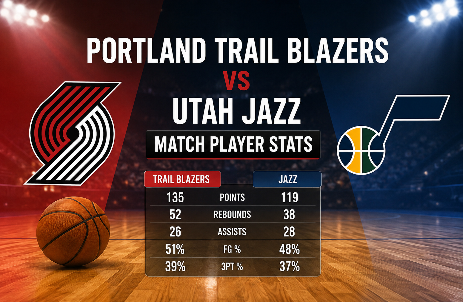 Portland Trail Blazers vs Utah Jazz Match Player Stats